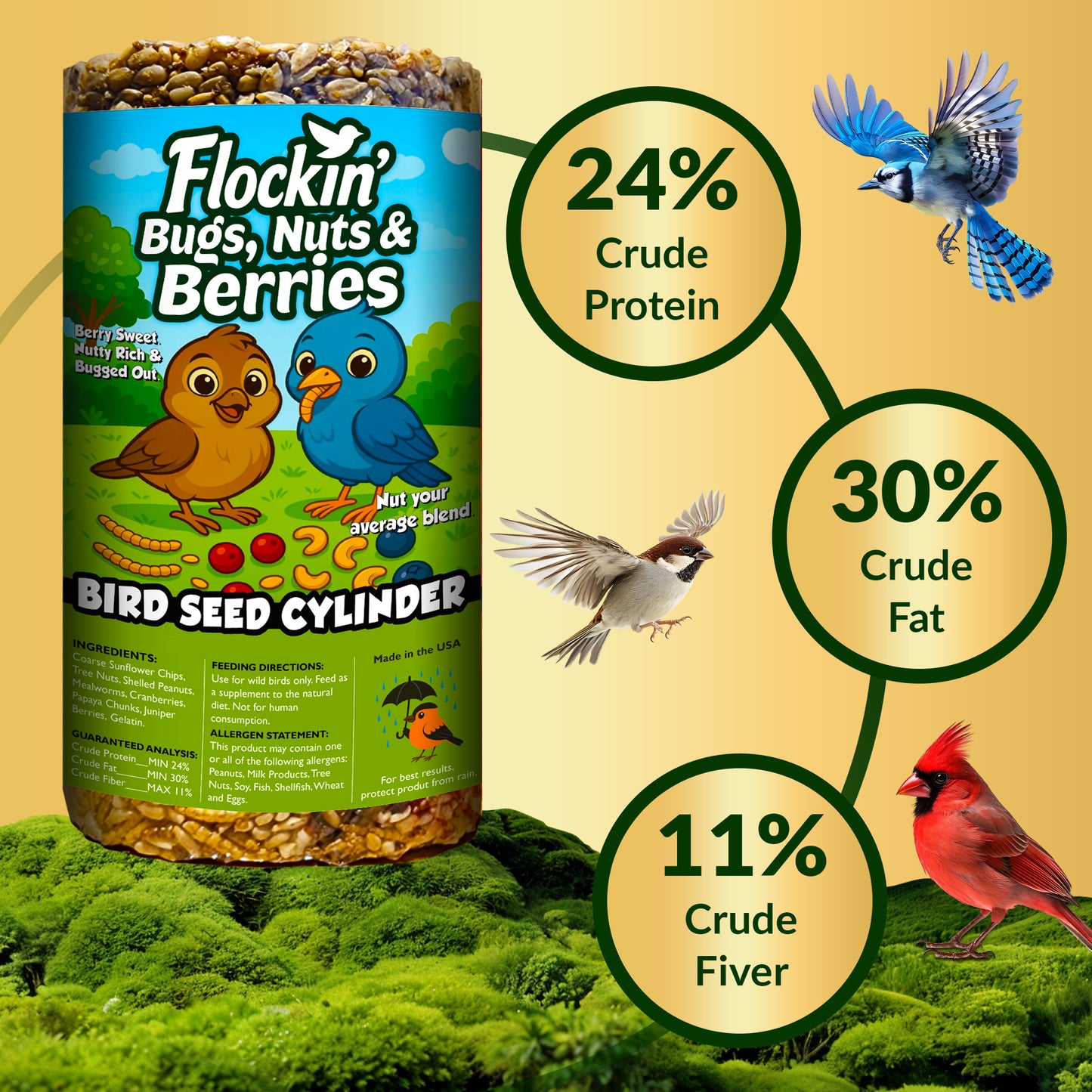 Flockin' Bugs, Nuts & Berries Bird Seed Cylinder - 1.5lbs & 4" x 7.75"
