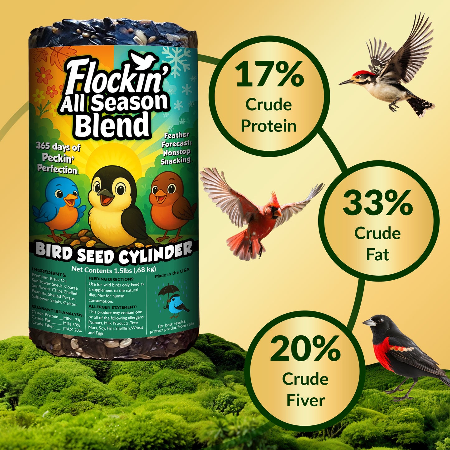 All Year Round Bird Seed Cylinders with Hole ā All Season Wild Bird Food for Blue Jays, Cardinals, Doves, Finches & More ā Balanced High Energy All Natural Blend, No Fillers ā USA Made (4" x 7.75")