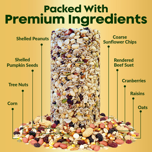 Woodpecker Bird Seed Cylinders with Hole – Premium Woodpecker Food Blend with Sunflower Chips, Peanuts & Suet – Natural High Energy Bird Seed, No Filler, No Shell, No Mess – USA Made (4" x 7.75")