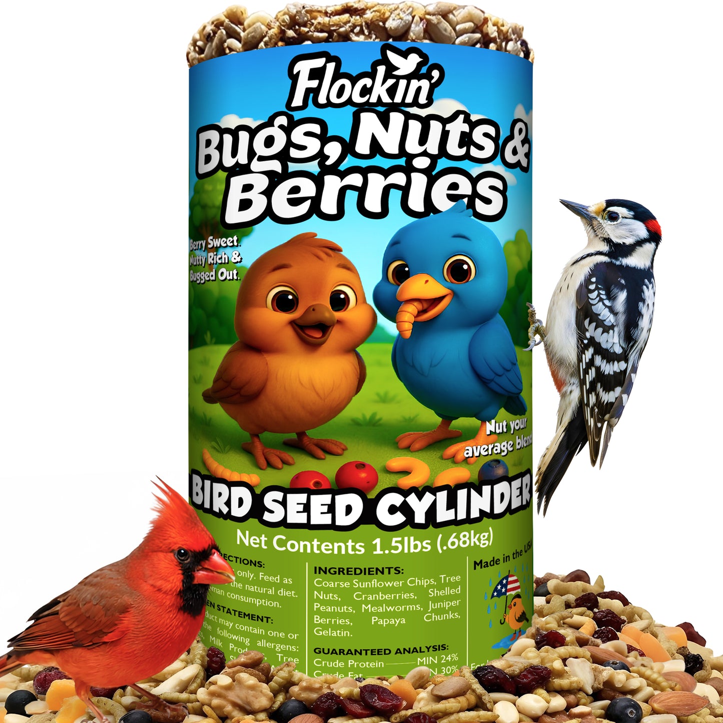 Bugs, Nuts & Berries Bird Seed Cylinders with Hole ā Wild Bird Food for Blue Birds, Woodpeckers, Cardinals & More ā Premium Protein-Rich All Natural Blend, No Fillers ā USA Made (4" x 7.75")