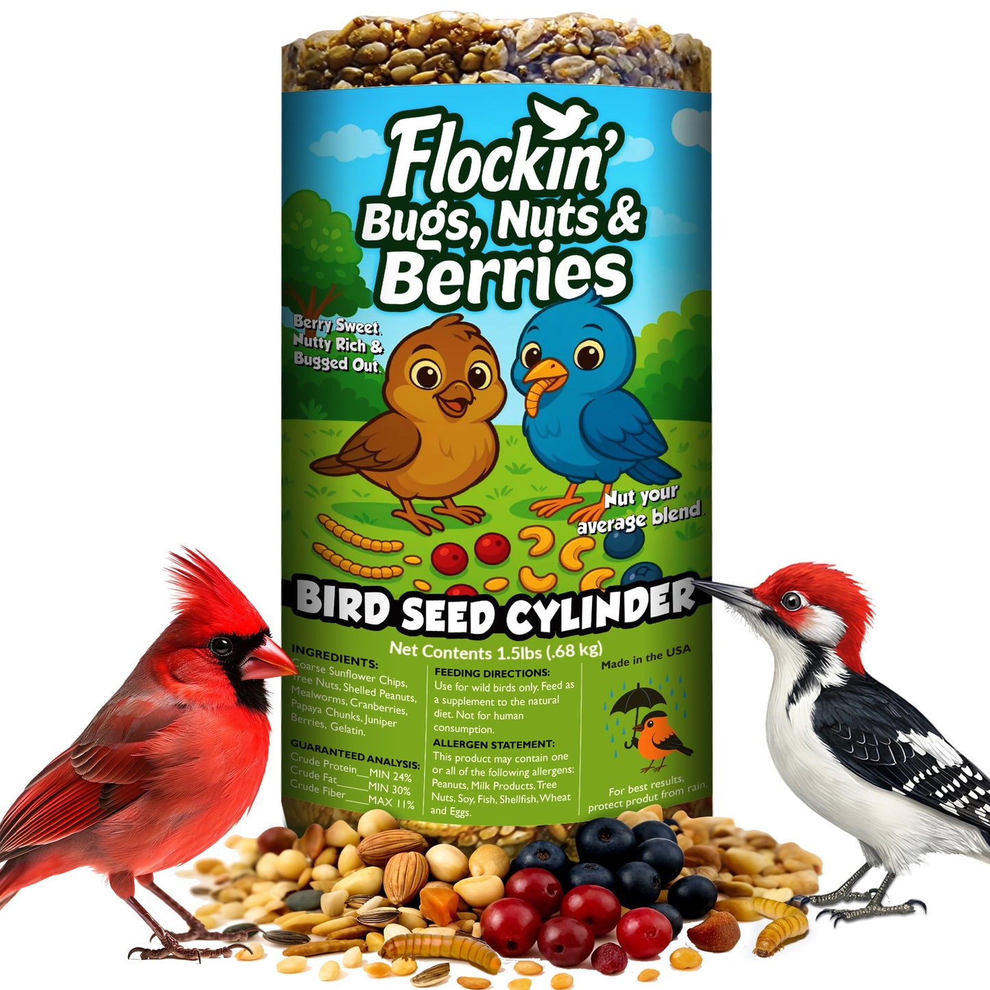 Flockin' Bugs, Nuts & Berries Bird Seed Cylinder - 1.5lbs & 4" x 7.75"