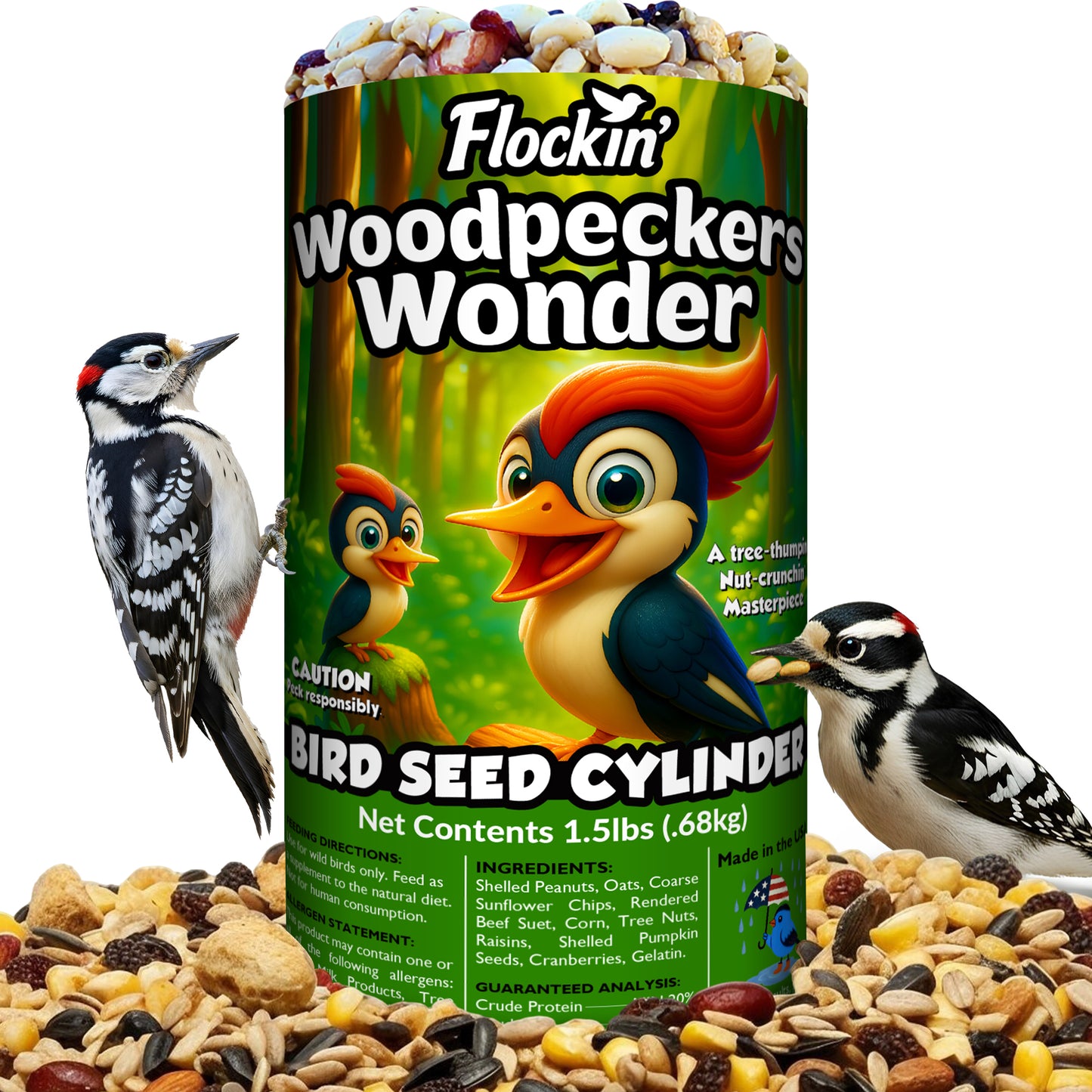 Woodpecker Bird Seed Cylinders with Hole – Premium Woodpecker Food Blend with Sunflower Chips, Peanuts & Suet – Natural High Energy Bird Seed, No Filler, No Shell, No Mess – USA Made (4" x 7.75")