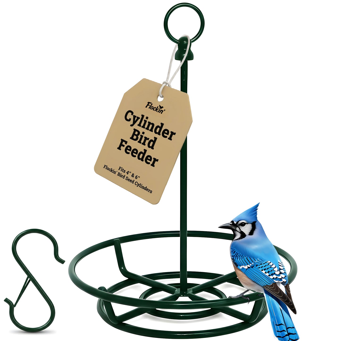 Cylinder Bird Feeder Holder - Feeders for Outdoors Hanging - Holds Bird Seed Cylinders with Hole, Logs, & Birdseed Cakes up to 6" Diameter - Includes O-Ring & Locking S Hook - Cylinder Sold Separately