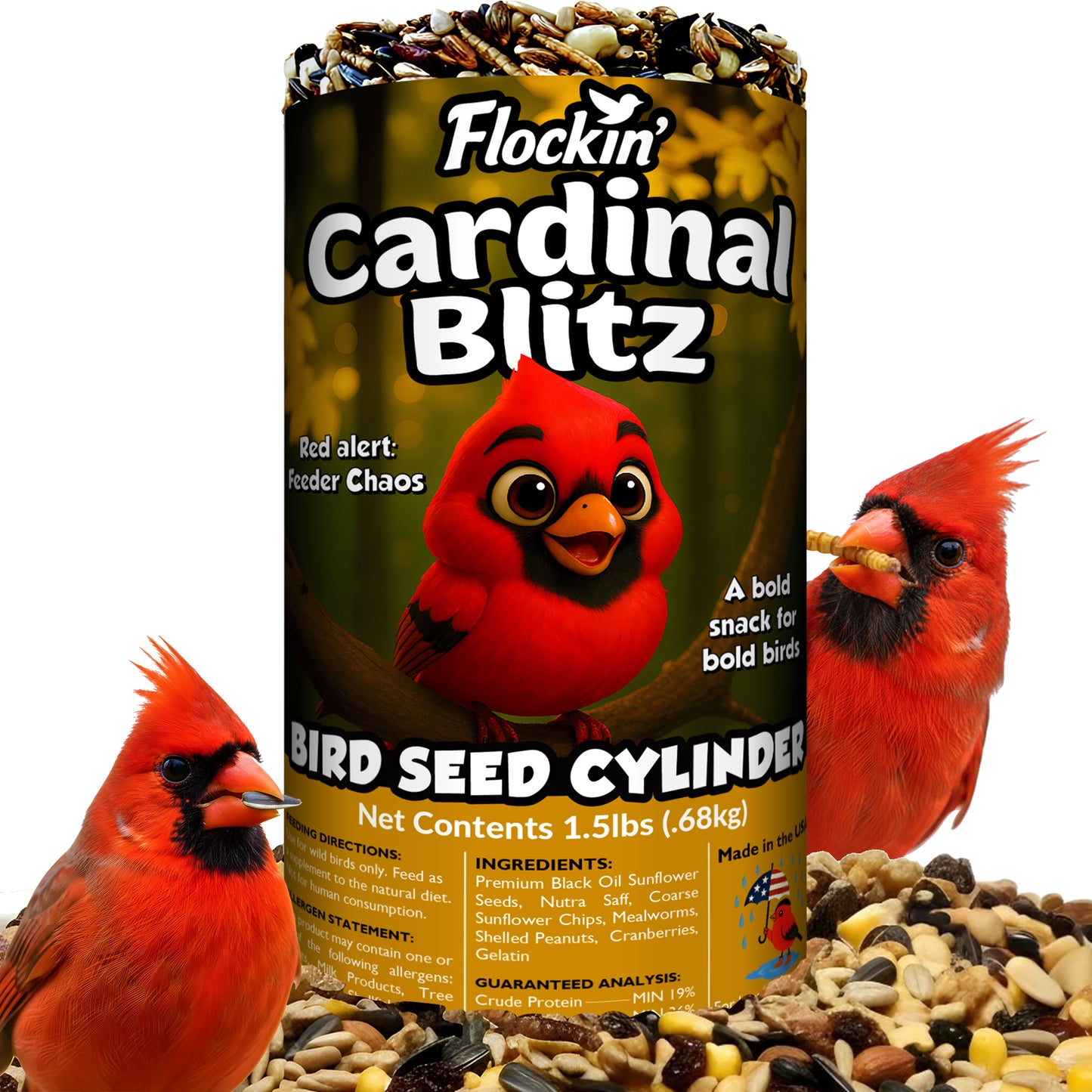Cardinal Bird Seed Cylinders with Hole – Premium Cardinal Bird Seed Mix Curated for Cardinals & Also Loved by Blue Jays & Woodpeckers – Long Lasting, All Natural, No Fillers, USA Made (4" x 7.75")