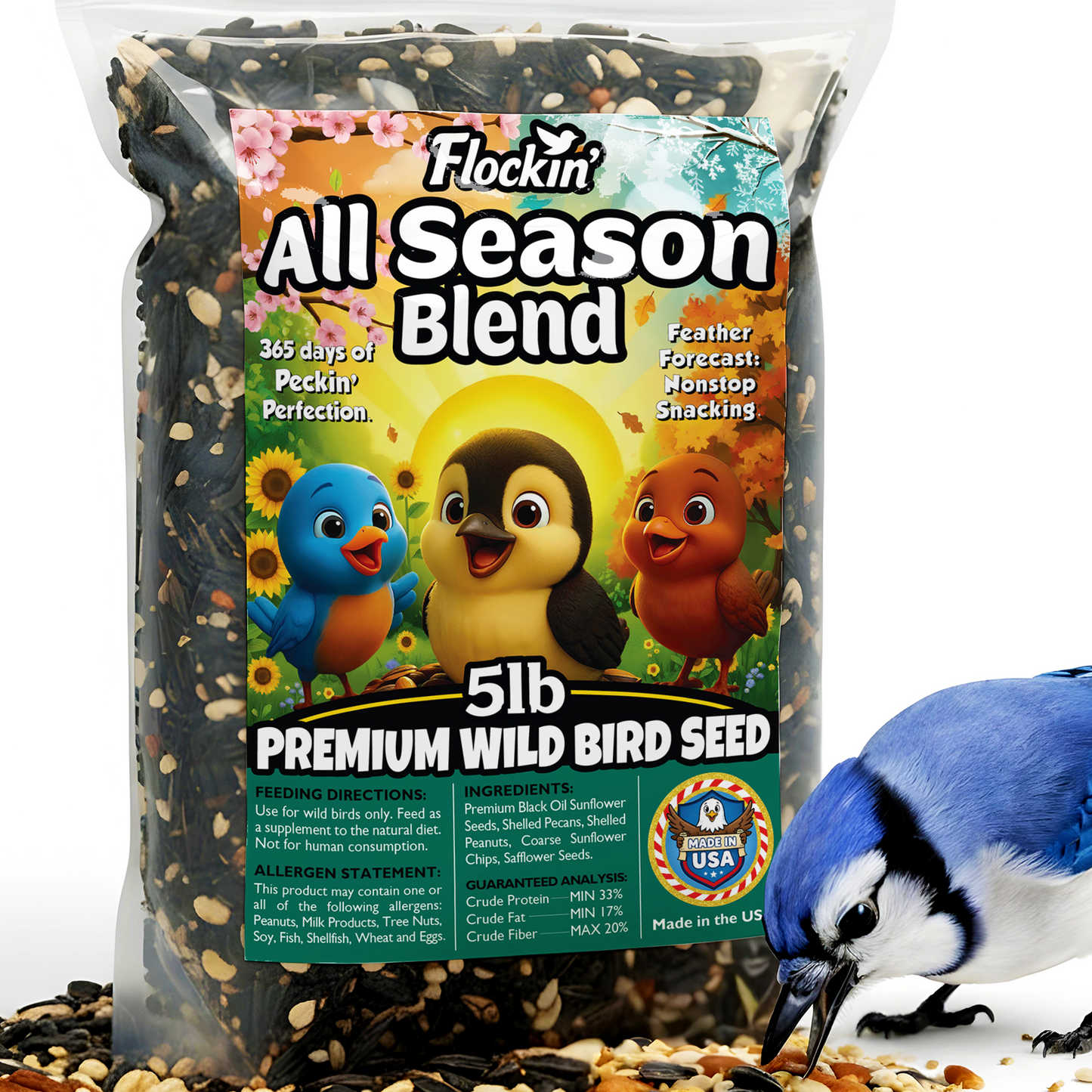 Year-Round Bird Food for Outside Wild Birds - Premium Bird Feed with Sunflower Seeds, Chips & Peanuts - Bird Seeds for Outside Wild Birds - Attracts Various Songbirds - No Fillers - USA Made (5LBS)