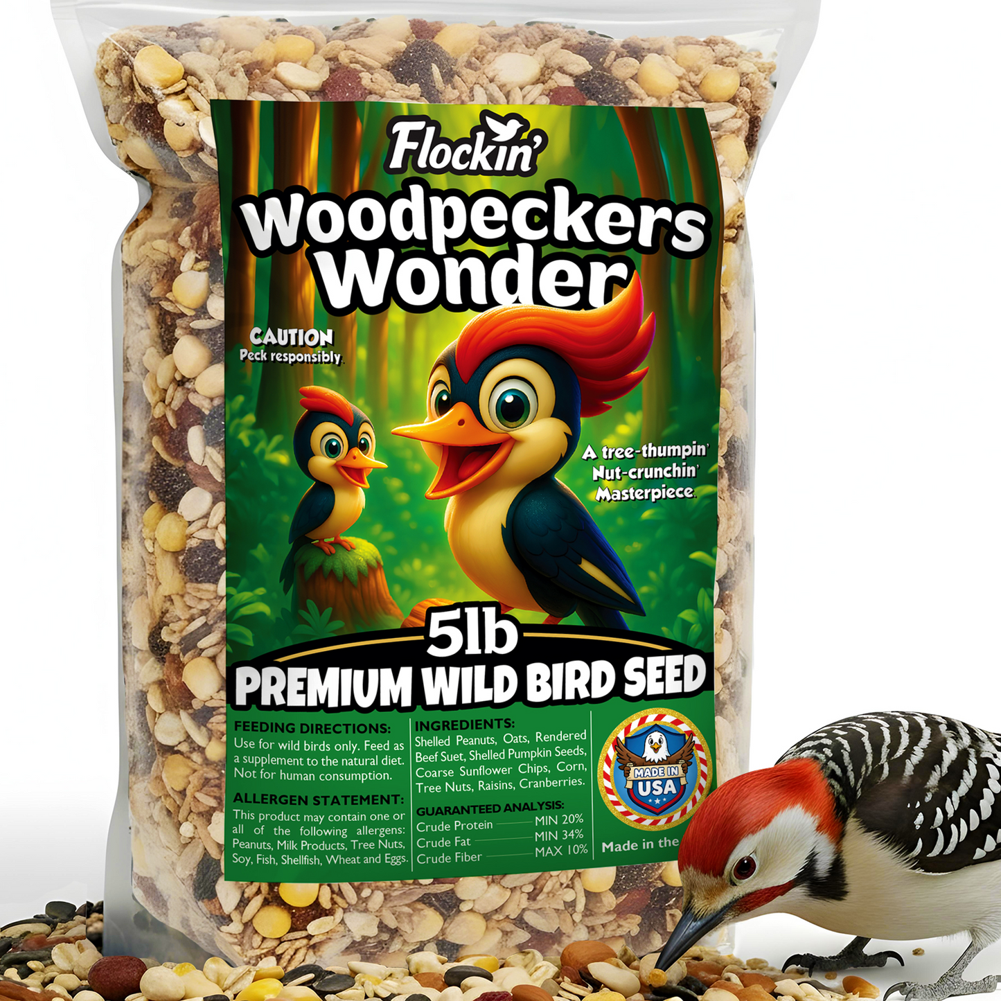 Woodpecker Bird Seeds for Outside Wild Birds - Premium Woodpecker Food with Sunflower Chips, Peanuts &amp; Suet - Attract Woodpeckers &amp; Songbirds - Bird Food for Outside Wild Birds - No Fillers (5LBS)