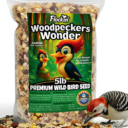 Woodpecker Bird Seeds for Outside Wild Birds - Premium Woodpecker Food with Sunflower Chips, Peanuts &amp; Suet - Attract Woodpeckers &amp; Songbirds - Bird Food for Outside Wild Birds - No Fillers (5LBS)