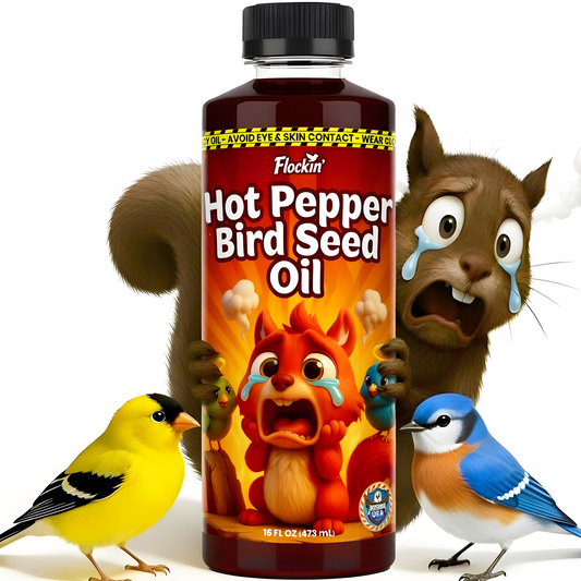 Flaming Hot Pepper Bird Seed Oil - Extremely Spicy Squirrel Seed Sauce - Helps Limit Squirrels at Bird Feeders - Safe for Wild Birds - Birds Can't Taste Spice, All Natural Ingredients, USA Made (16oz