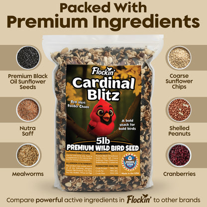 Cardinal Bird Seeds for Outside Wild Birds - Premium Cardinal Bird Feed with Sunflower Seed, Mealworms & Peanuts - Bird Food for Outside Wild Birds - Attracts Cardinals & Songbirds - No Fillers (5LBS)