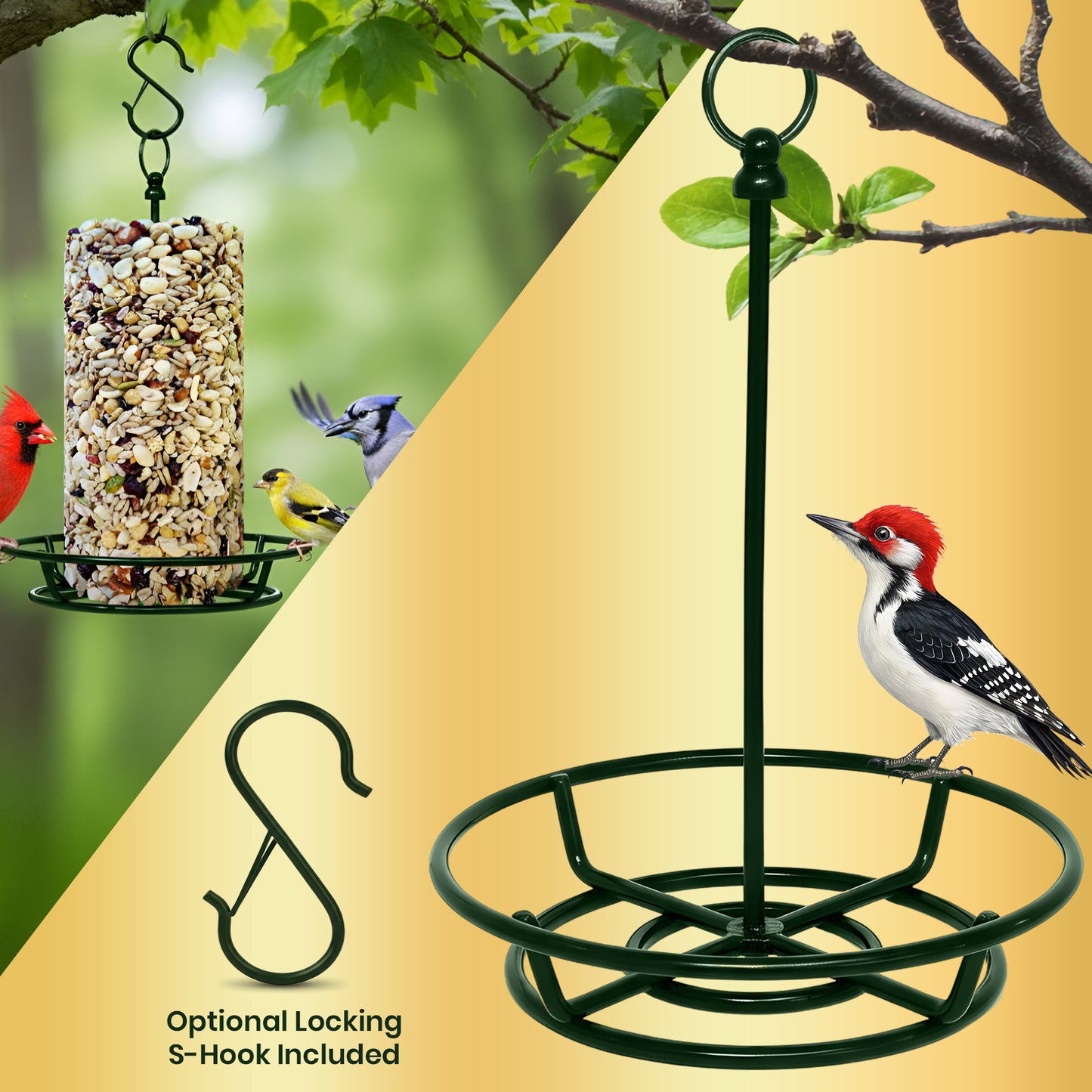 Cylinder Bird Feeder Holder - Feeders for Outdoors Hanging - Holds Bird Seed Cylinders with Hole, Logs, & Birdseed Cakes up to 6" Diameter - Includes O-Ring & Locking S Hook - Cylinder Sold Separately