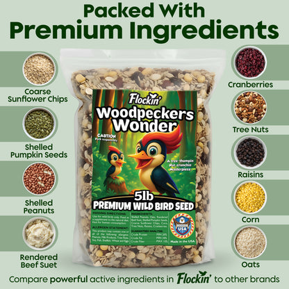 Woodpecker Bird Seeds for Outside Wild Birds - Premium Woodpecker Food with Sunflower Chips, Peanuts &amp; Suet - Attract Woodpeckers &amp; Songbirds - Bird Food for Outside Wild Birds - No Fillers (5LBS)