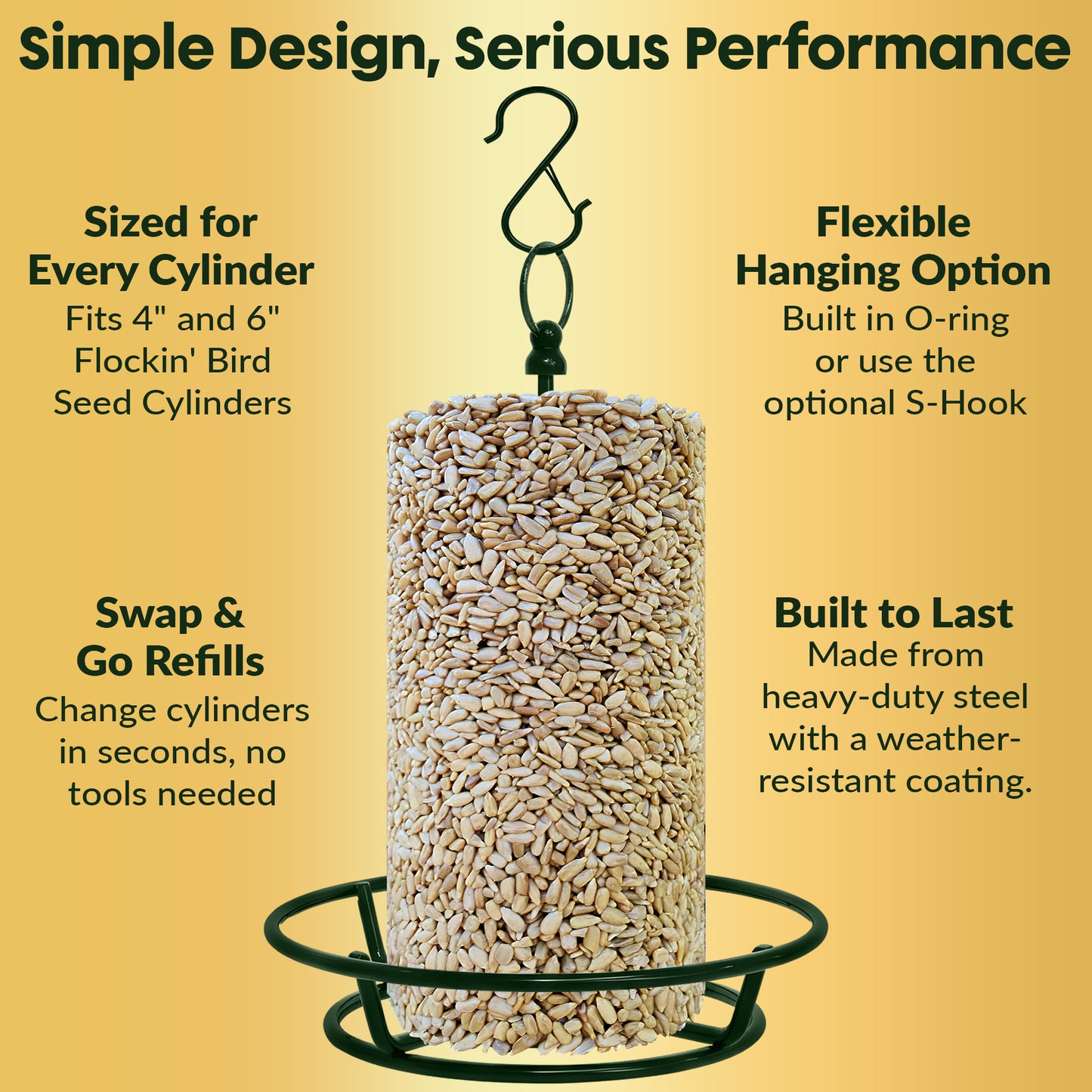 Cylinder Bird Feeder Holder - Feeders for Outdoors Hanging - Holds Bird Seed Cylinders with Hole, Logs, & Birdseed Cakes up to 6" Diameter - Includes O-Ring & Locking S Hook - Cylinder Sold Separately
