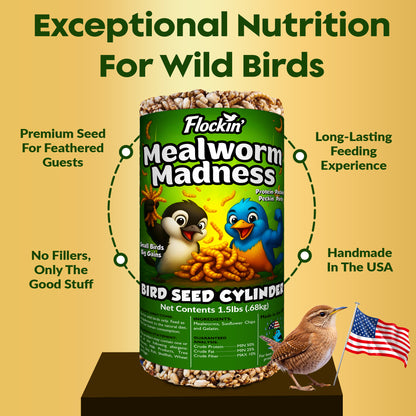 Mealworm Bird Seed Cylinders with Hole – Premium Mealworm Birdseed Log – Sunflower Chips & Dried Mealworms for Wild Birds – Natural High Energy Seed Cylinder – No Fillers – USA Made (4" x