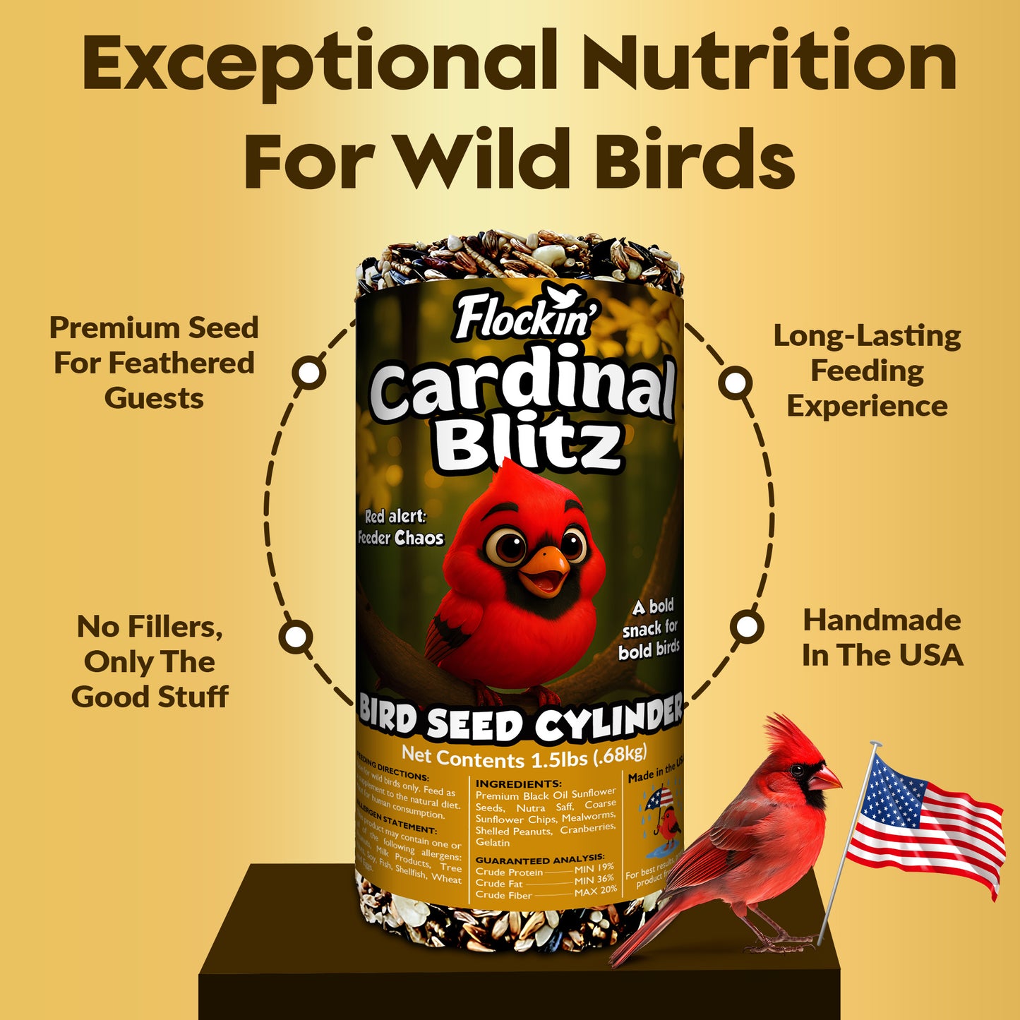 Cardinal Bird Seed Cylinders with Hole – Premium Cardinal Bird Seed Mix Curated for Cardinals & Also Loved by Blue Jays & Woodpeckers – Long Lasting, All Natural, No Fillers, USA Made (4" x 7.75")