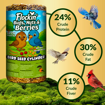 Flockin' Bugs, Nuts & Berries Bird Seed Cylinder - 1.5lbs & 4" x 7.75"