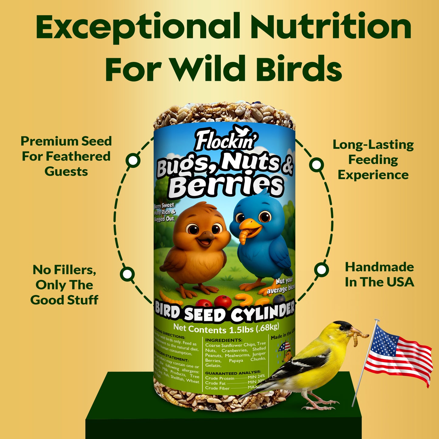 Bugs, Nuts & Berries Bird Seed Cylinders with Hole – Wild Bird Food for Blue Birds, Woodpeckers, Cardinals & More – Premium Protein-Rich All Natural Blend, No Fillers – USA Made (4" x 7.75")