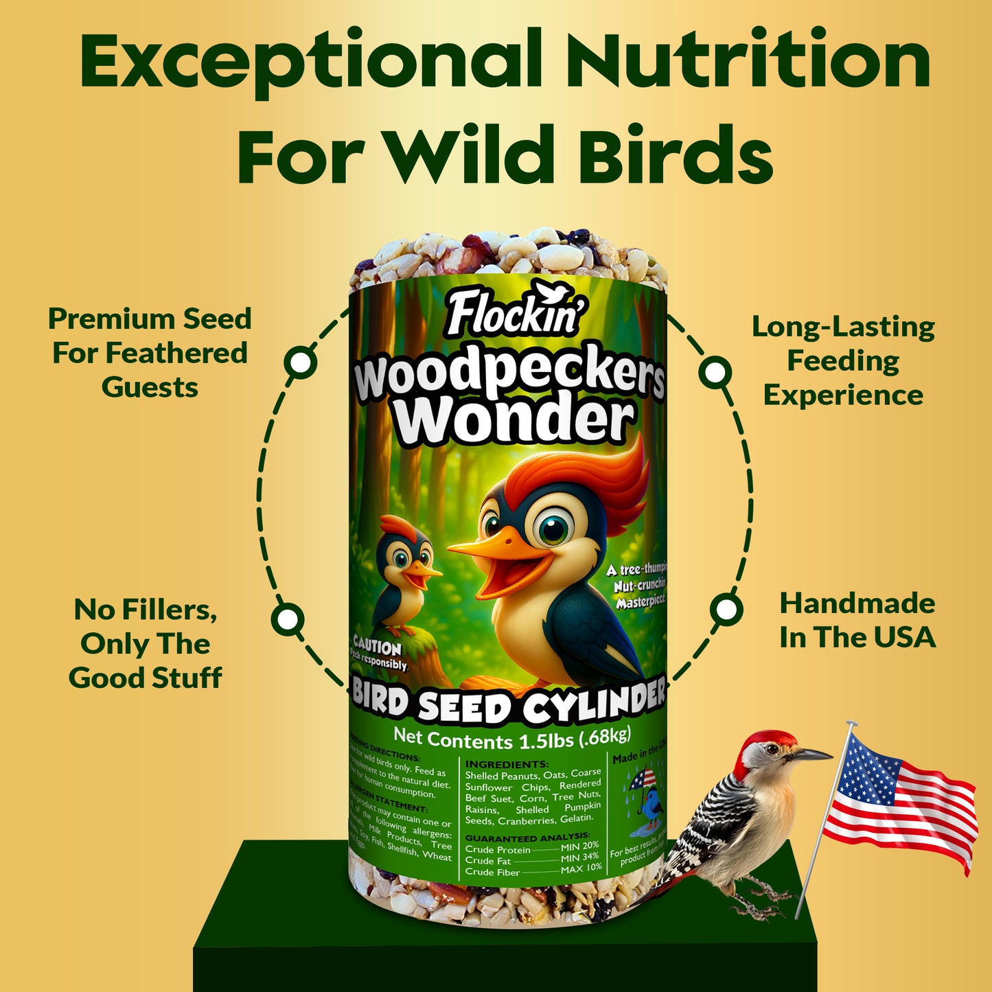 Woodpecker Bird Seed Cylinders with Hole – Premium Woodpecker Food Blend with Sunflower Chips, Peanuts & Suet – Natural High Energy Bird Seed, No Filler, No Shell, No Mess – USA Made (4" x 7.75")