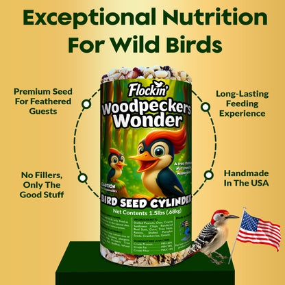 Woodpecker Bird Seed Cylinders with Hole – Premium Woodpecker Food Blend with Sunflower Chips, Peanuts & Suet – Natural High Energy Bird Seed, No Filler, No Shell, No Mess – USA Made (4" x 7.75")