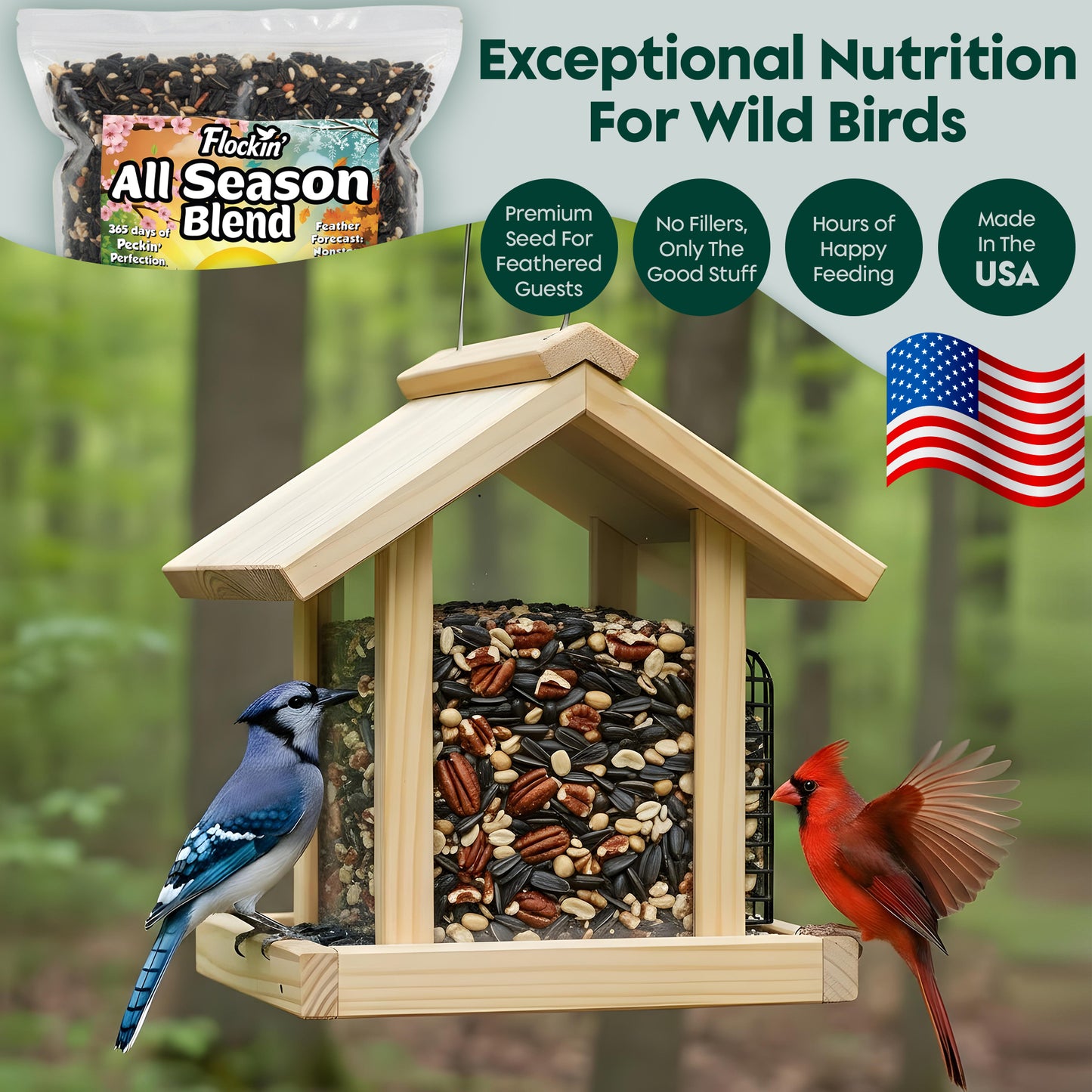Year-Round Bird Food for Outside Wild Birds - Premium Bird Feed with Sunflower Seeds, Chips & Peanuts - Bird Seeds for Outside Wild Birds - Attracts Various Songbirds - No Fillers - USA Made (5LBS)