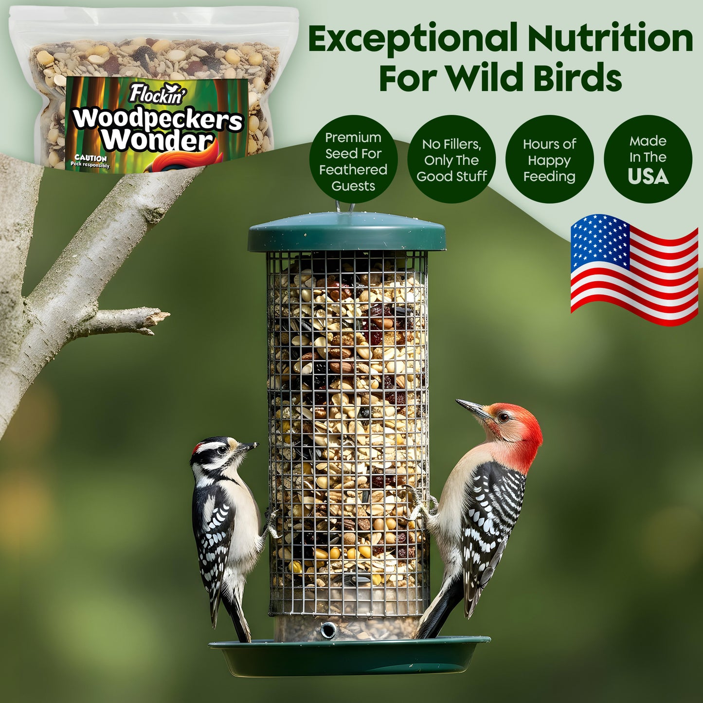 Woodpecker Bird Seeds for Outside Wild Birds - Premium Woodpecker Food with Sunflower Chips, Peanuts &amp; Suet - Attract Woodpeckers &amp; Songbirds - Bird Food for Outside Wild Birds - No Fillers (5LBS)