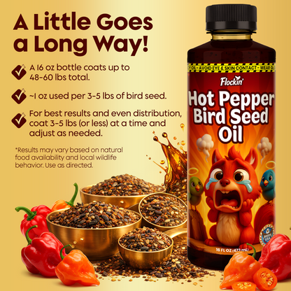 Flaming Hot Pepper Bird Seed Oil - Extremely Spicy Squirrel Seed Sauce - Helps Limit Squirrels at Bird Feeders - Safe for Wild Birds - Birds Can't Taste Spice, All Natural Ingredients, USA Made (16oz