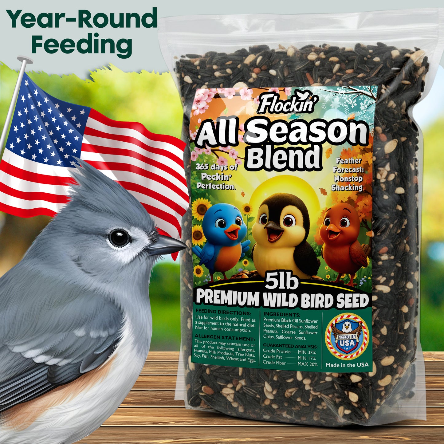 Year-Round Bird Food for Outside Wild Birds - Premium Bird Feed with Sunflower Seeds, Chips & Peanuts - Bird Seeds for Outside Wild Birds - Attracts Various Songbirds - No Fillers - USA Made (5LBS)