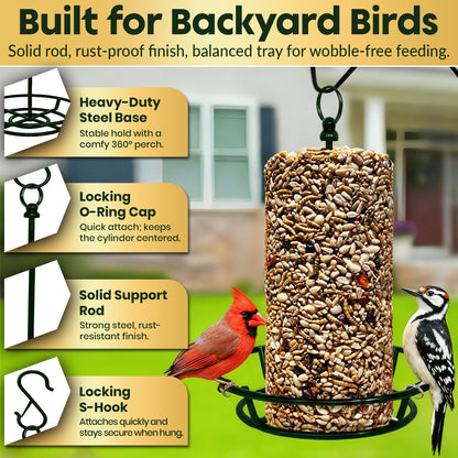Cylinder Bird Feeder Holder - Feeders for Outdoors Hanging - Holds Bird Seed Cylinders with Hole, Logs, & Birdseed Cakes up to 6" Diameter - Includes O-Ring & Locking S Hook - Cylinder Sold Separately