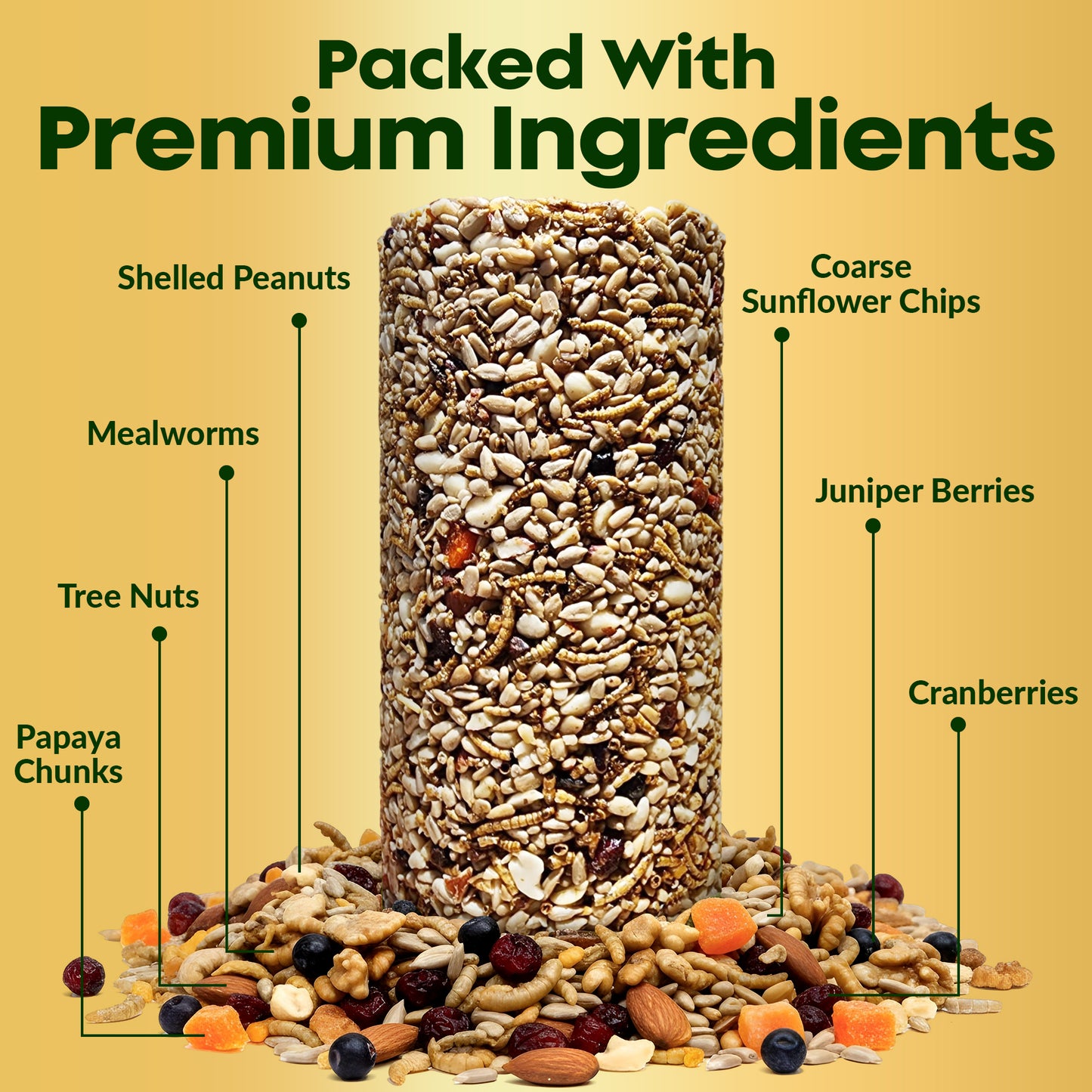 Bugs, Nuts & Berries Bird Seed Cylinders with Hole – Wild Bird Food for Blue Birds, Woodpeckers, Cardinals & More – Premium Protein-Rich All Natural Blend, No Fillers – USA Made (4" x 7.75")