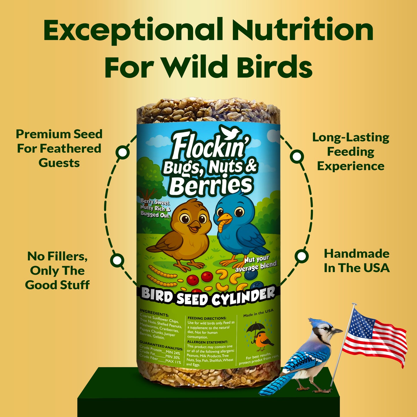 Flockin' Bugs, Nuts & Berries Bird Seed Cylinder - 1.5lbs & 4" x 7.75"