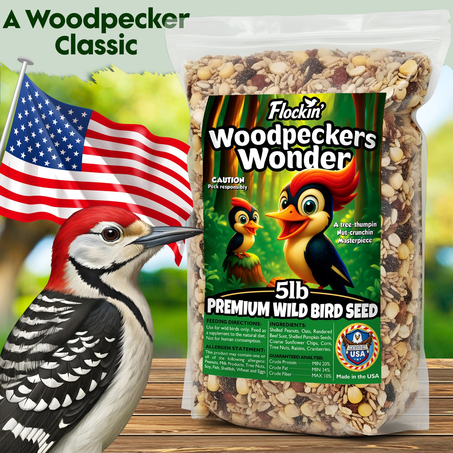 Woodpecker Bird Seeds for Outside Wild Birds - Premium Woodpecker Food with Sunflower Chips, Peanuts &amp; Suet - Attract Woodpeckers &amp; Songbirds - Bird Food for Outside Wild Birds - No Fillers (5LBS)