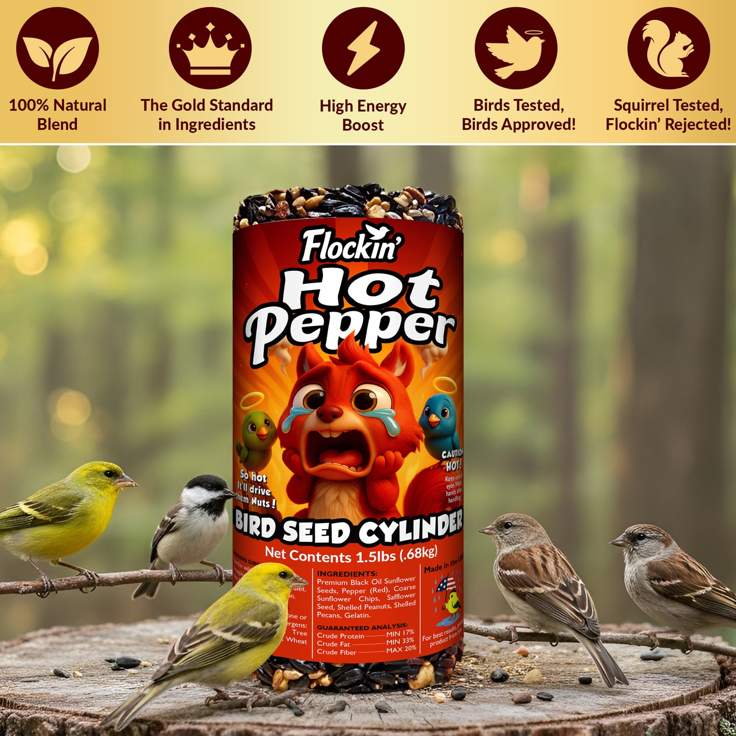 Hot Pepper Bird Seed Cylinders with Hole – Spicy Birdseed to Reduce Squirrels – Bird Seeds for Outside Wild Birds – No Mess Birdseed – Hot Birdseed with No Filler – All Natural, USA Made (4" x 7.75")