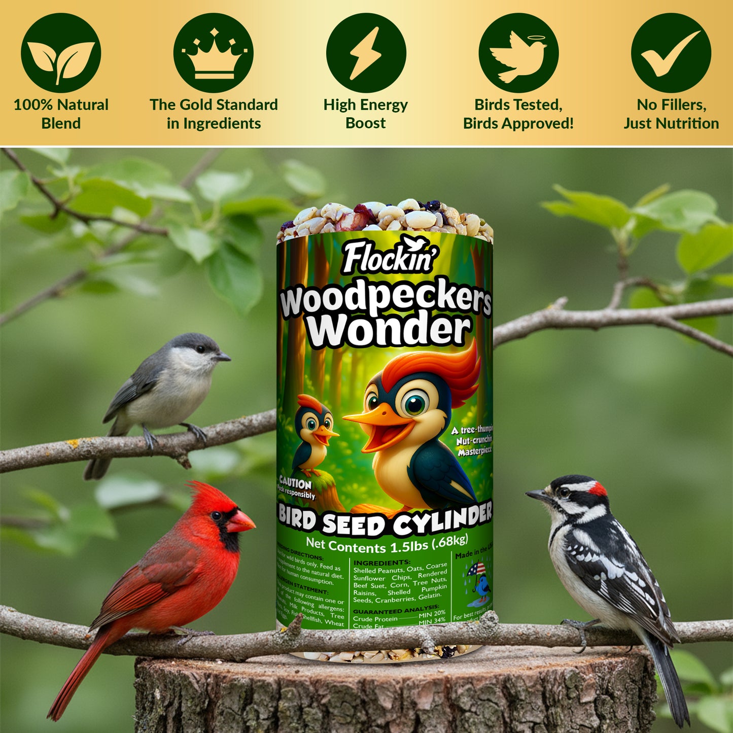 Woodpecker Bird Seed Cylinders with Hole – Premium Woodpecker Food Blend with Sunflower Chips, Peanuts & Suet – Natural High Energy Bird Seed, No Filler, No Shell, No Mess – USA Made (4" x 7.75")