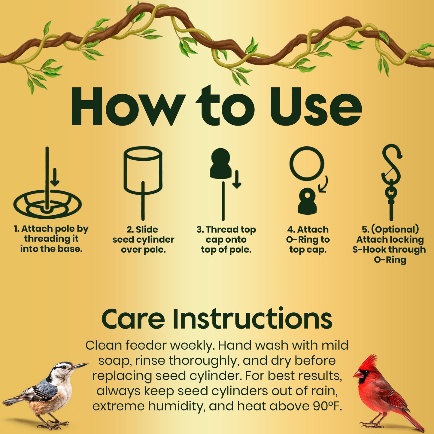 Cylinder Bird Feeder Holder - Feeders for Outdoors Hanging - Holds Bird Seed Cylinders with Hole, Logs, & Birdseed Cakes up to 6" Diameter - Includes O-Ring & Locking S Hook - Cylinder Sold Separately