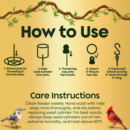 Cylinder Bird Feeder Holder - Feeders for Outdoors Hanging - Holds Bird Seed Cylinders with Hole, Logs, & Birdseed Cakes up to 6" Diameter - Includes O-Ring & Locking S Hook - Cylinder Sold Separately