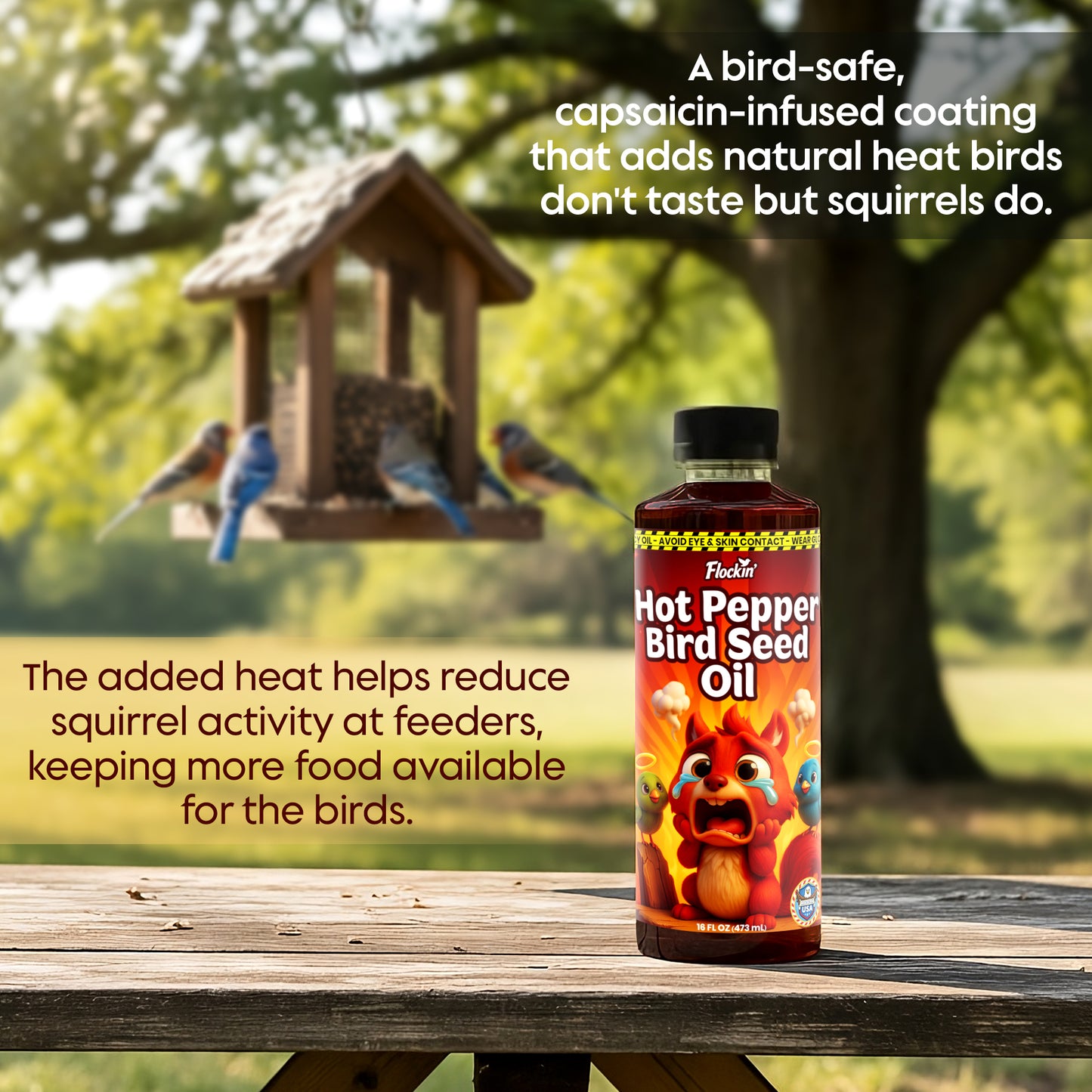 Flaming Hot Pepper Bird Seed Oil - Extremely Spicy Squirrel Seed Sauce - Helps Limit Squirrels at Bird Feeders - Safe for Wild Birds - Birds Can't Taste Spice, All Natural Ingredients, USA Made (16oz