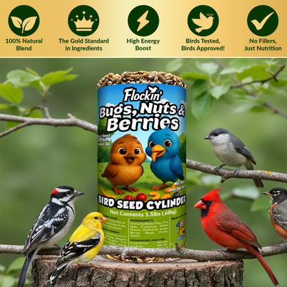 Bugs, Nuts & Berries Bird Seed Cylinders with Hole – Wild Bird Food for Blue Birds, Woodpeckers, Cardinals & More – Premium Protein-Rich All Natural Blend, No Fillers – USA Made (4" x 7.75")