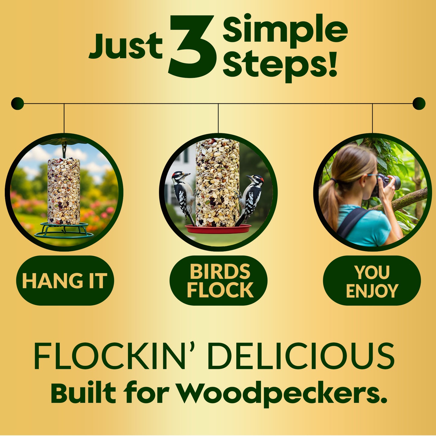 Woodpecker Bird Seed Cylinders with Hole – Premium Woodpecker Food Blend with Sunflower Chips, Peanuts & Suet – Natural High Energy Bird Seed, No Filler, No Shell, No Mess – USA Made (4" x 7.75")