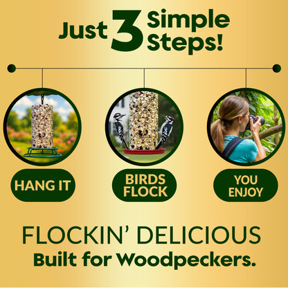 Woodpecker Bird Seed Cylinders with Hole – Premium Woodpecker Food Blend with Sunflower Chips, Peanuts & Suet – Natural High Energy Bird Seed, No Filler, No Shell, No Mess – USA Made (4" x 7.75")