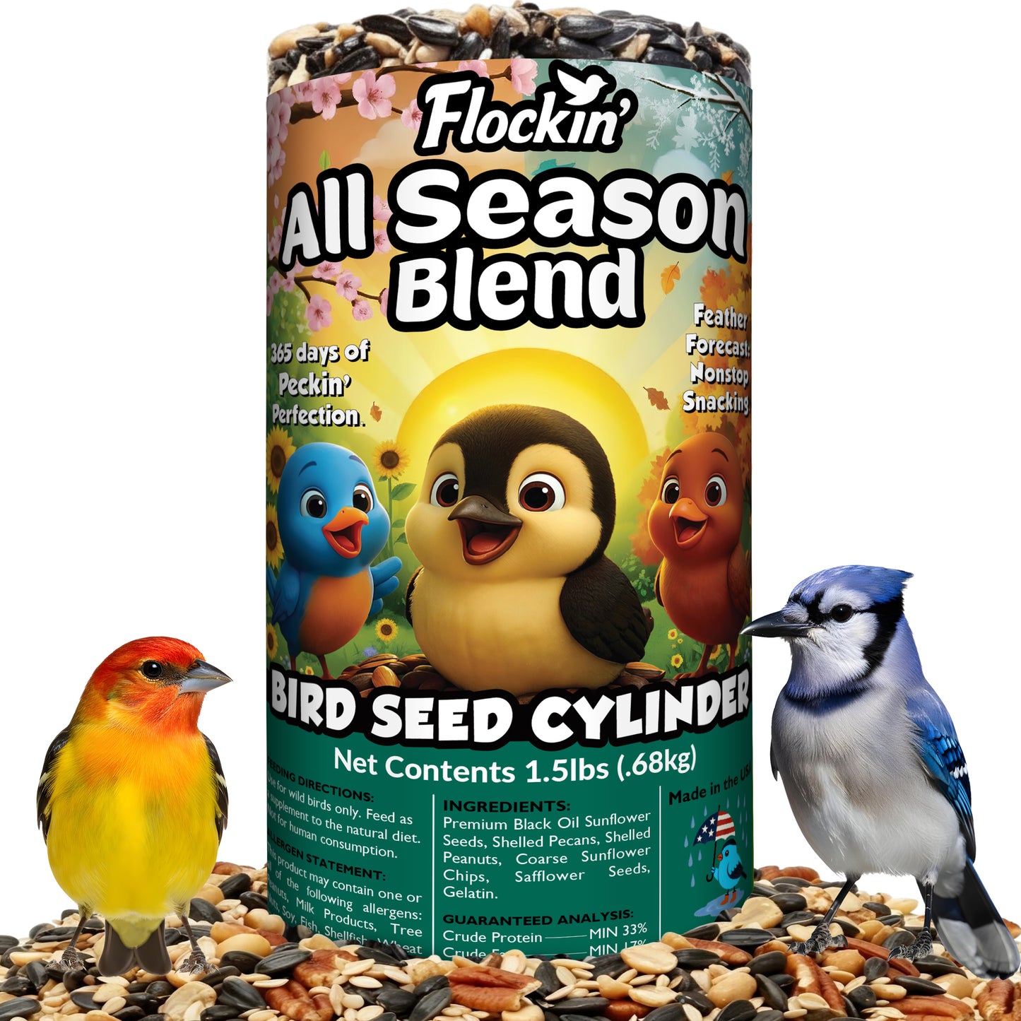 All Year Round Bird Seed Cylinders with Hole – All Season Wild Bird Food for Blue Jays, Cardinals, Doves, Finches & More – Balanced High Energy All Natural Blend, No Fillers – USA Made (4" x 7.75")