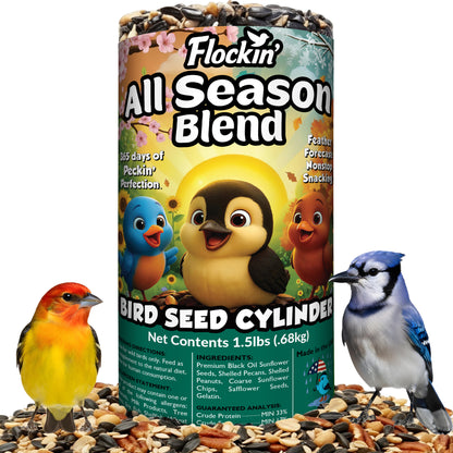 All Year Round Bird Seed Cylinders with Hole – All Season Wild Bird Food for Blue Jays, Cardinals, Doves, Finches & More – Balanced High Energy All Natural Blend, No Fillers – USA Made (4" x 7.75")