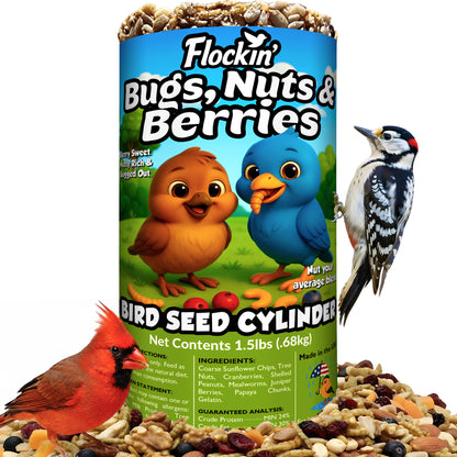 Bugs, Nuts & Berries Bird Seed Cylinders with Hole – Wild Bird Food for Blue Birds, Woodpeckers, Cardinals & More – Premium Protein-Rich All Natural Blend, No Fillers – USA Made (4" x 7.75")
